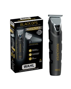 Wahl Manscaper “Black Ops” electric grooming trimmer shown next to its black retail box, featuring waterproof design, protective guards, and 5-year warranty details.