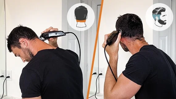 A man using a Wahl hair clipper to trim the back and side of his head.
