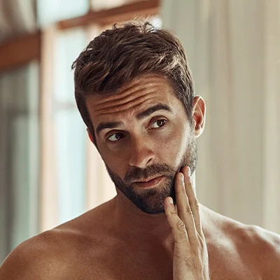 A man admiring his beard in the mirror.