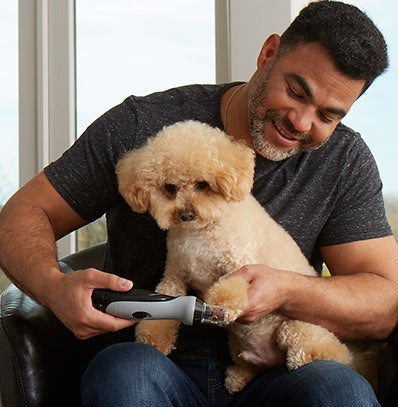 Dog owner trimming his dog's nails with Wahl clippers